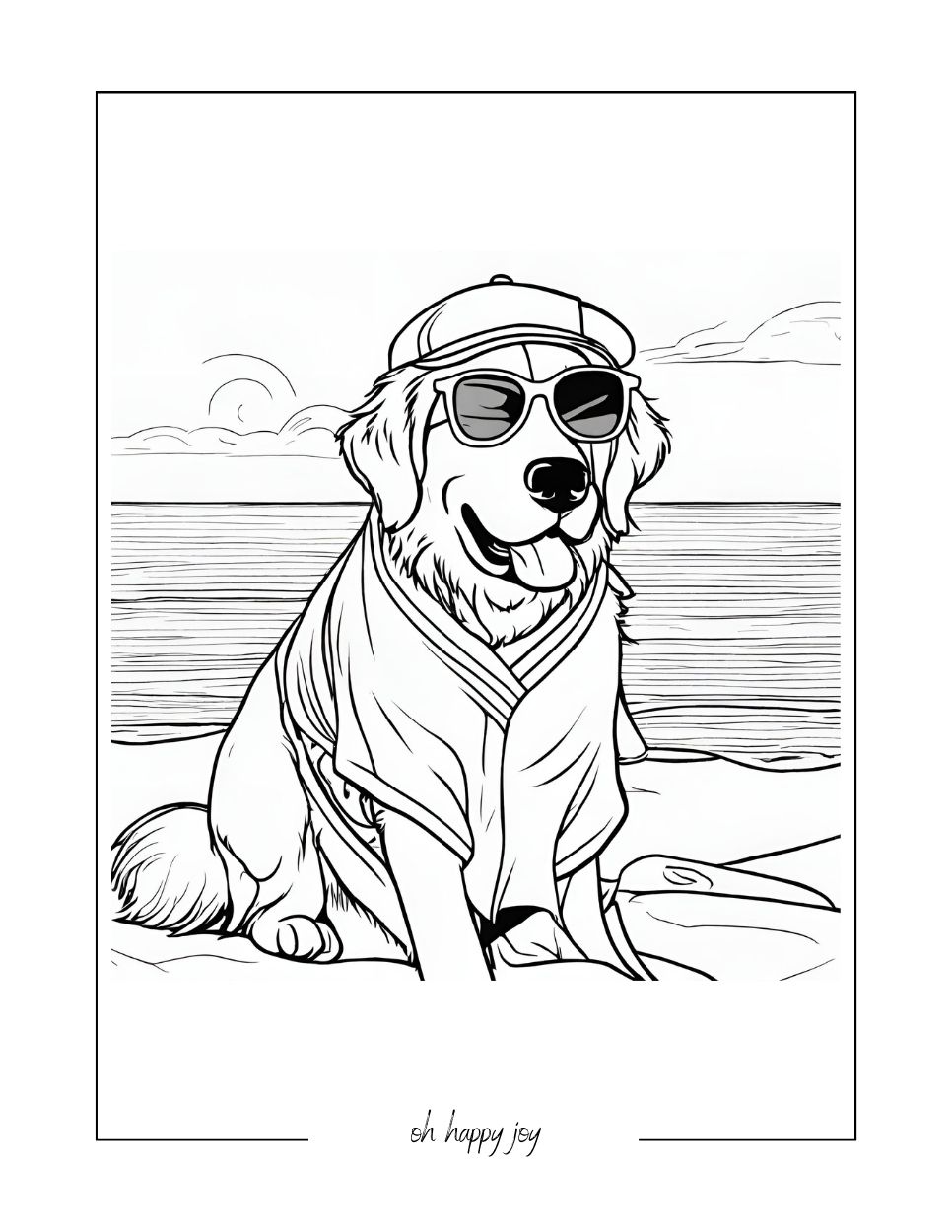 golden retriever beach day coloring page